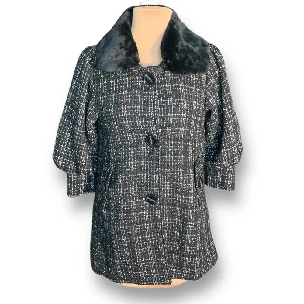 Hazel‎ Anthropologie Black White Tweed Coat Faux Fur Collar Puff Sleeves Small